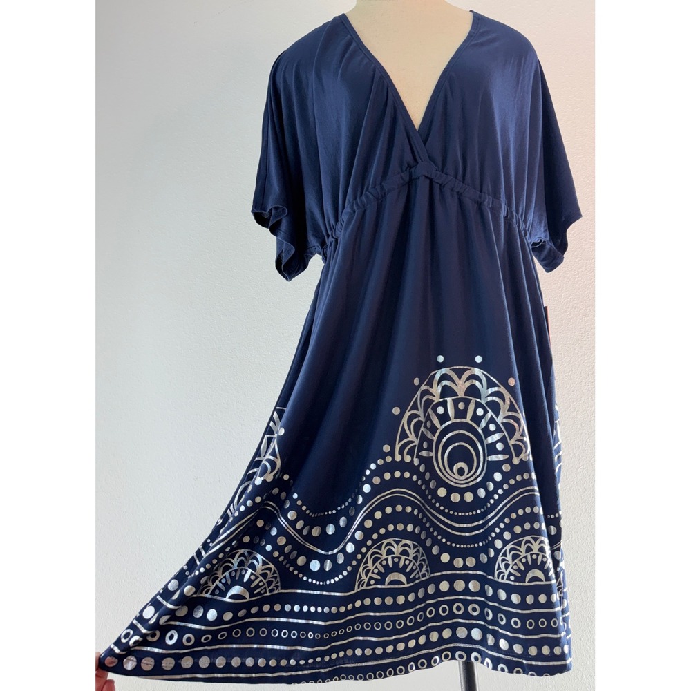 Swimsuits For All Navy Blue Boho Cover Up Mini Dress Metallic Indie MedallionNWT